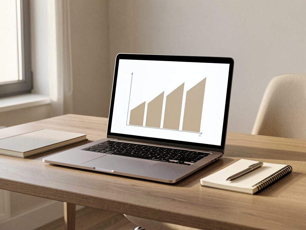 A modern workspace with a laptop displaying a simple business performance chart.