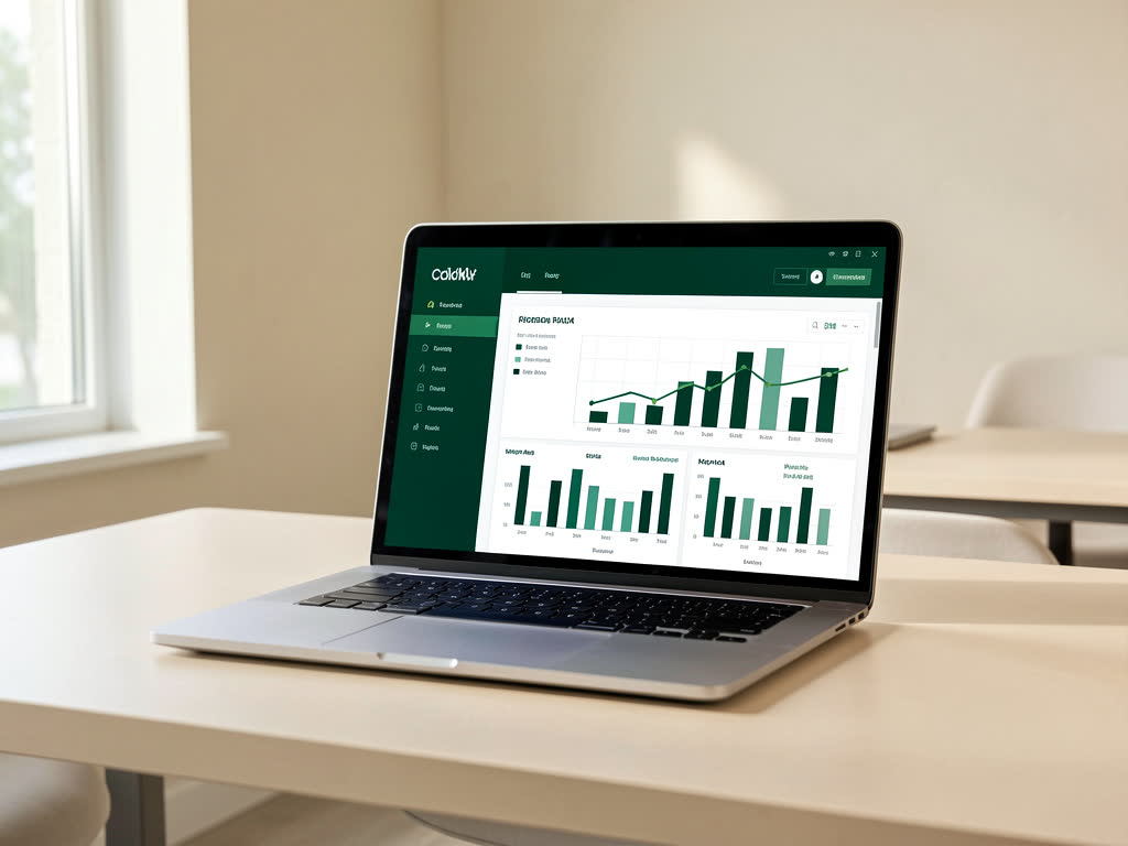 A laptop on a desk displaying a clean analytics dashboard with green charts, in a bright modern office.